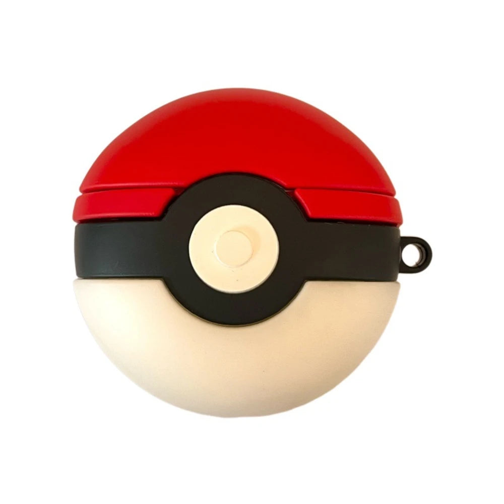 Red and beige spherical object with a black band on a white background
