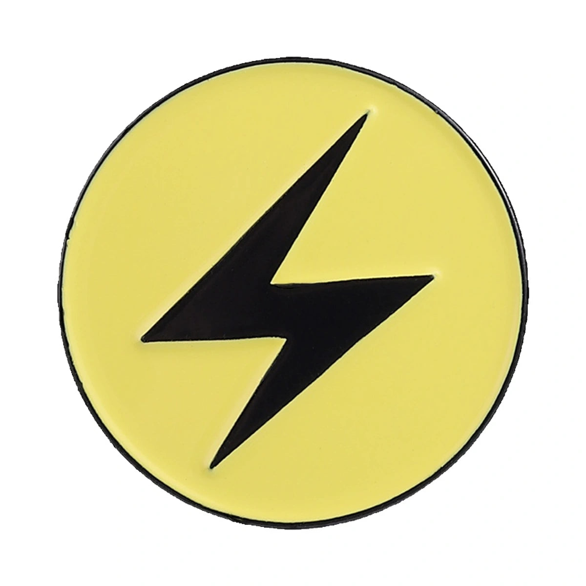 A circular yellow enamel pin or patch featuring a bold black lightning bolt symbol in the center, isolated on a white background.