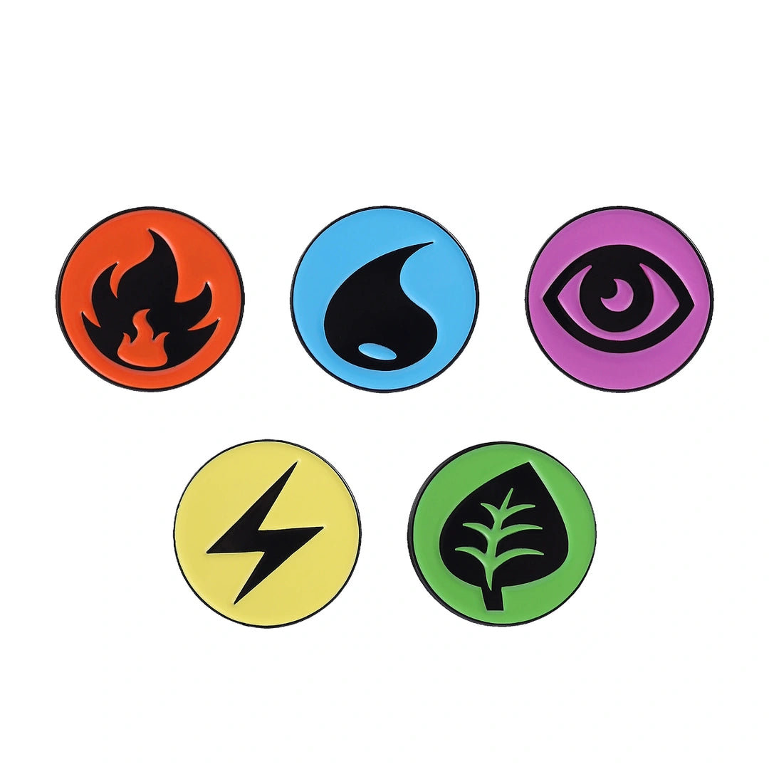 Five circular enamel pins representing the pokemon types: orange flame, blue water drop, purple eye, yellow lightning bolt, and green leaf, arranged on a white background.
