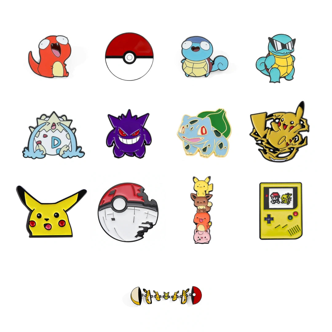 A set of 12 Pokémon-themed enamel pins arranged in a grid on a plain white background, featuring characters and symbols including Pikachu, Bulbasaur, Squirtle, Togepi, Gengar, Blastoise, Piplin, and a Game Boy-style pin.