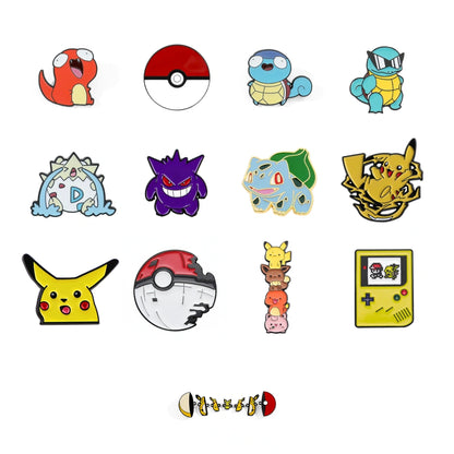 A set of 12 Pokémon-themed enamel pins arranged in a grid on a plain white background, featuring characters and symbols including Pikachu, Bulbasaur, Squirtle, Togepi, Gengar, Blastoise, Piplin, and a Game Boy-style pin.