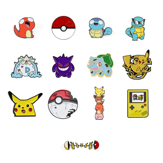 A set of 12 Pokémon-themed enamel pins arranged in a grid on a plain white background, featuring characters and symbols including Pikachu, Bulbasaur, Squirtle, Togepi, Gengar, Blastoise, Piplin, and a Game Boy-style pin.