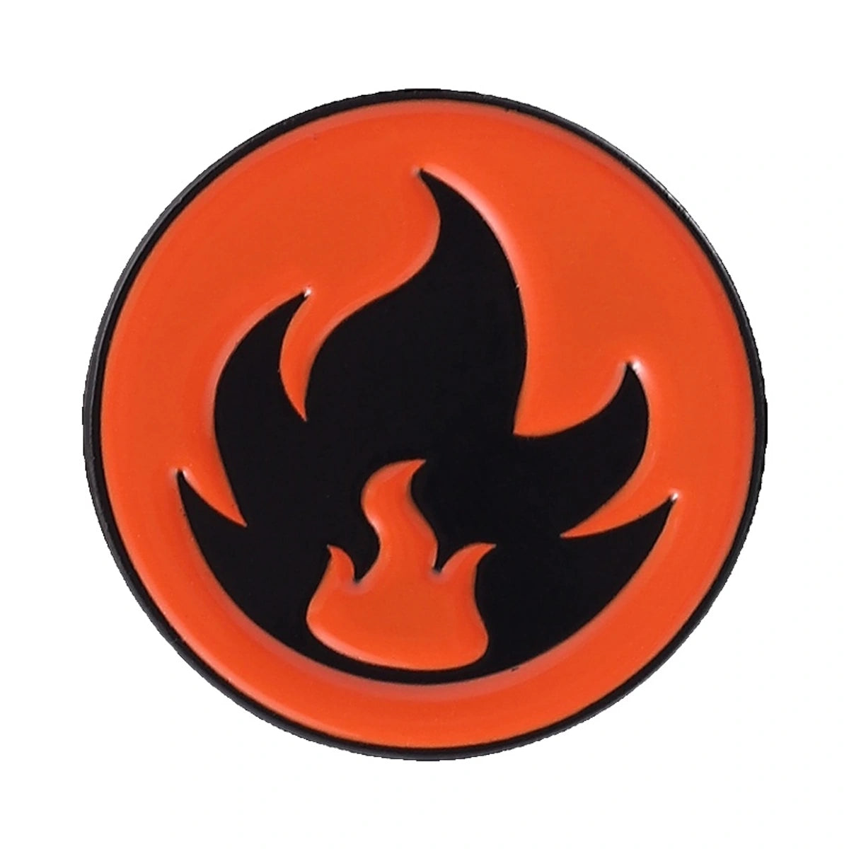 A circular orange and black flame emblem or patch on a plain white background.