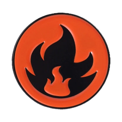 A circular orange and black flame emblem or patch on a plain white background.