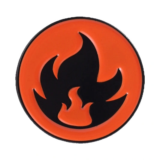 A circular orange and black flame emblem or patch on a plain white background.