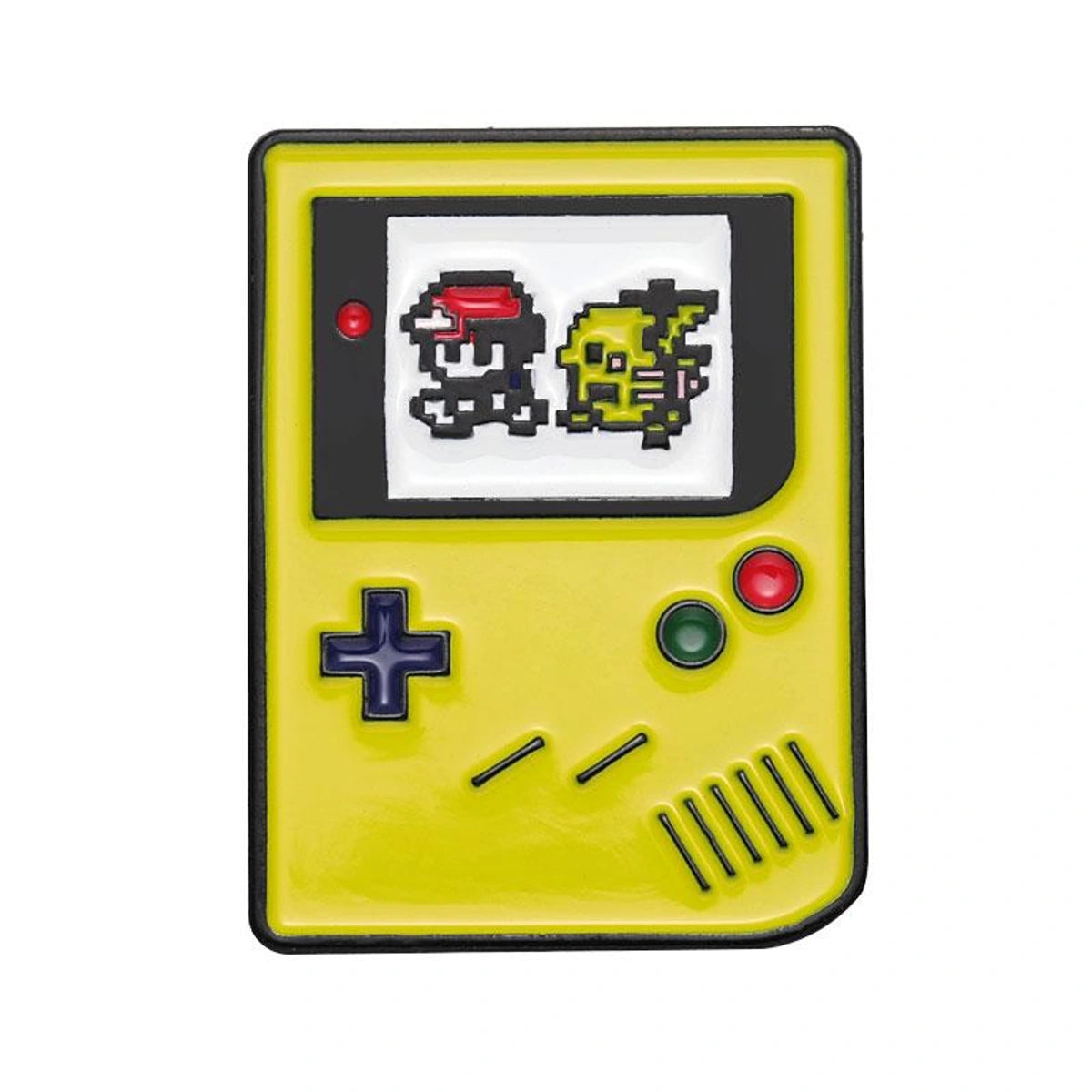 Yellow Game Boy-shaped device with pixelated characters on a white background