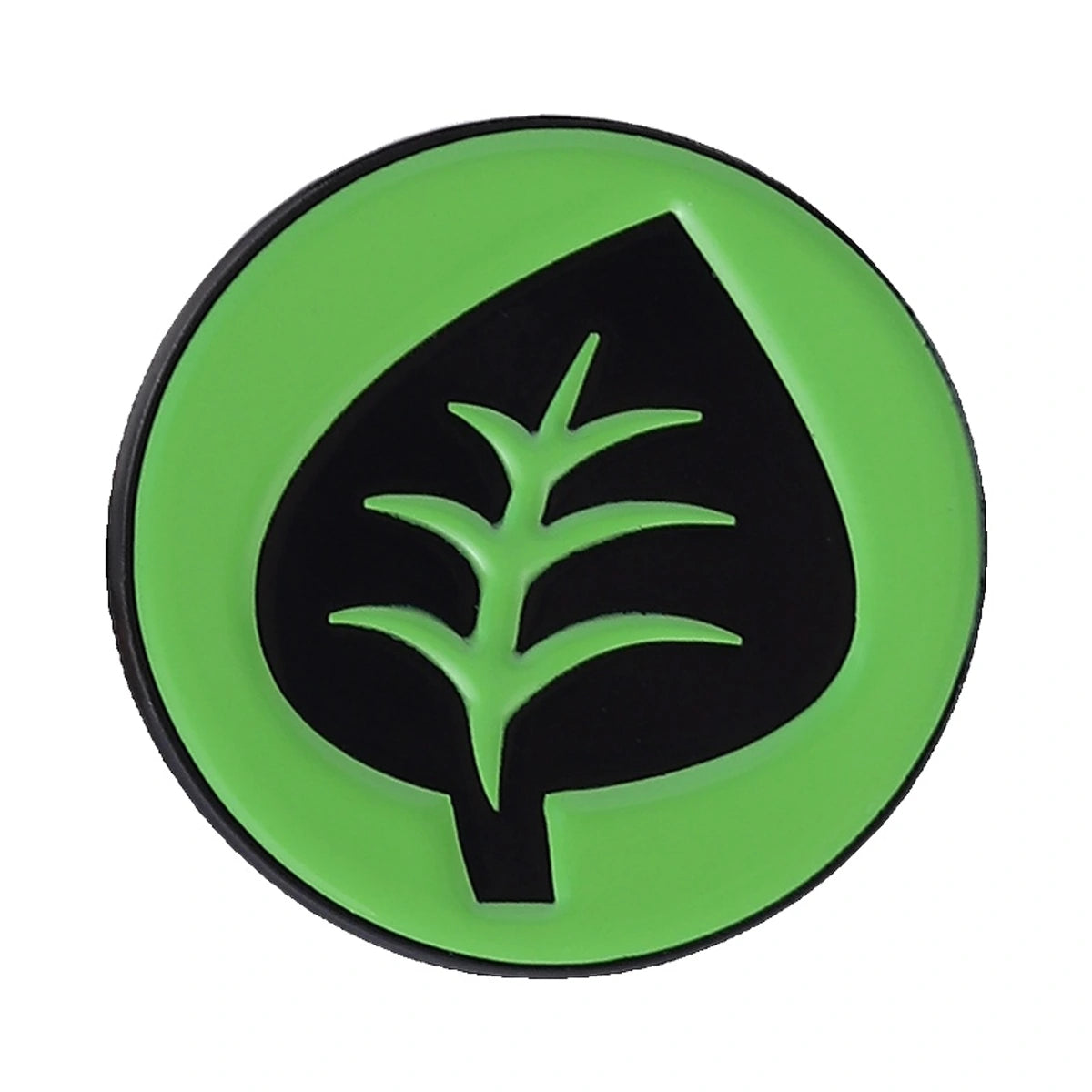 A circular green and black patch featuring a stylized leaf design, isolated on a white background.