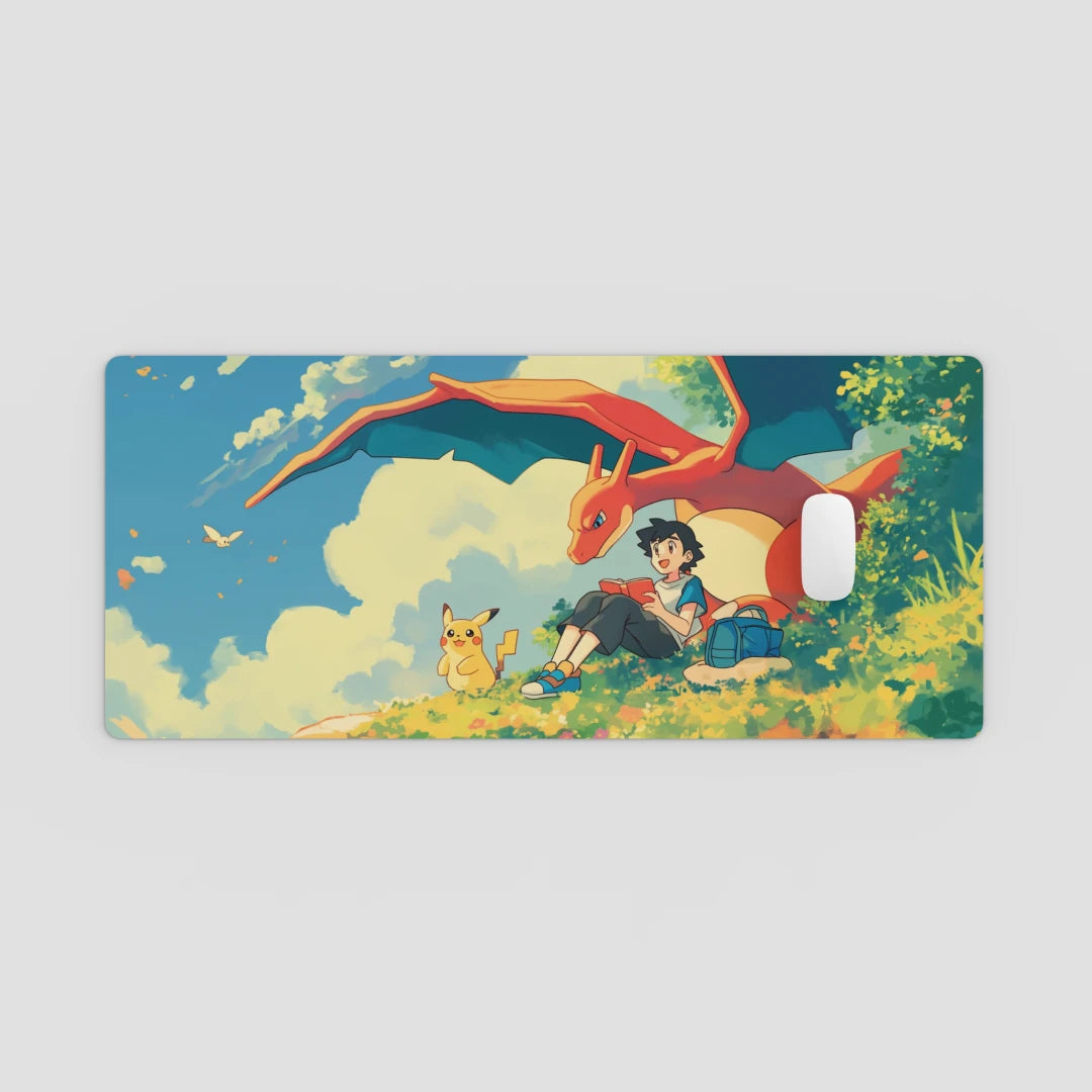 Desk Mat with an illustration of a person sitting with two dragons and a bird on a grassy hill with a blue sky.