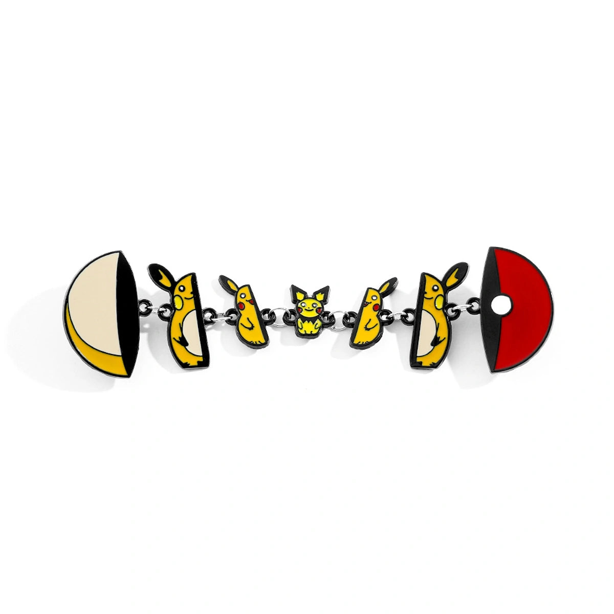 A novelty enamel pin matryoshka featuring yellow Pikachu charms, a small central pikachu charm, and Pokémon-themed moon and sun disc ends on a white background.