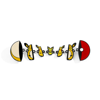 A novelty enamel pin matryoshka featuring yellow Pikachu charms, a small central pikachu charm, and Pokémon-themed moon and sun disc ends on a white background.