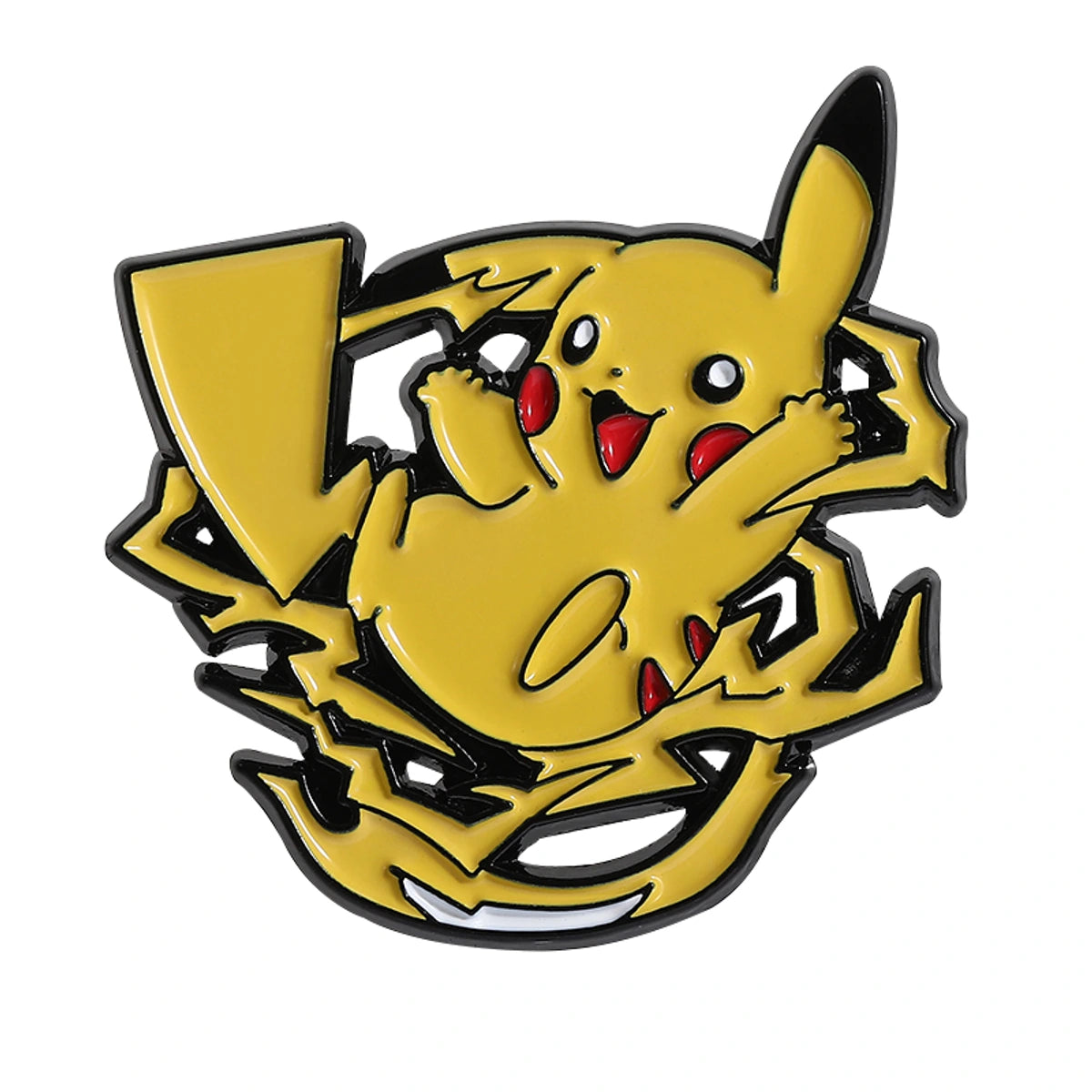 A Pikachu character enamel pin on a solid white background. The pin features Pikachu in a dynamic pose, colored in bright yellow with black outlines and small red accents on its cheeks and mouth.