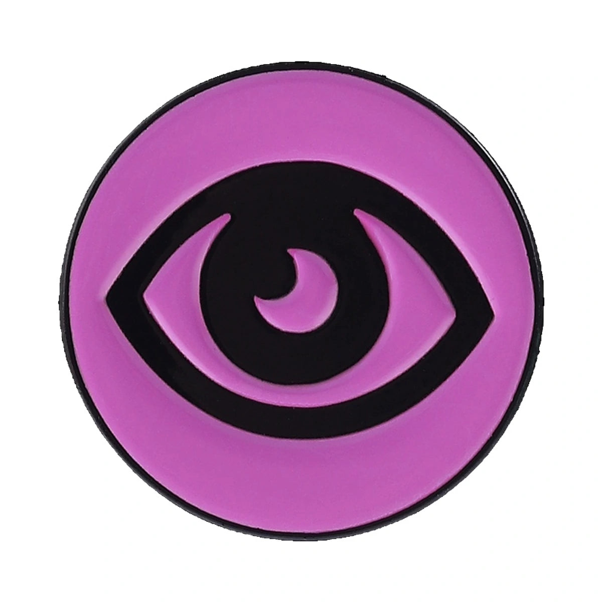 A circular pink and black eye emblem or patch on a plain white background.