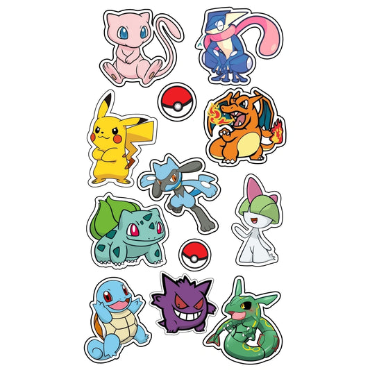 A sheet of Pokémon character stickers on a plain white background, including Mew, Blastoise, Charizard, Pikachu, Cyndaquil, Totodile, Bulbasaur, Snivy, Grookey, Chikorita, and a Pokéball.