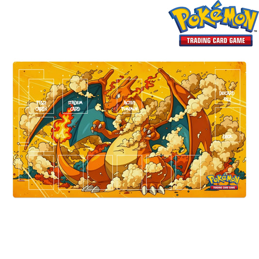 Pokémon Trading Card Game playmat with a dragon-like creature design on a yellow background.