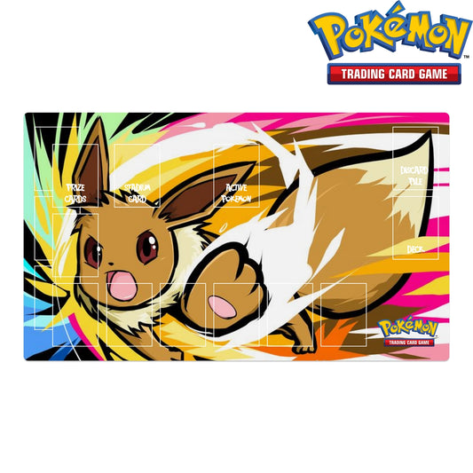 Pokémon trading card game mat with Eevee illustration on a colorful background