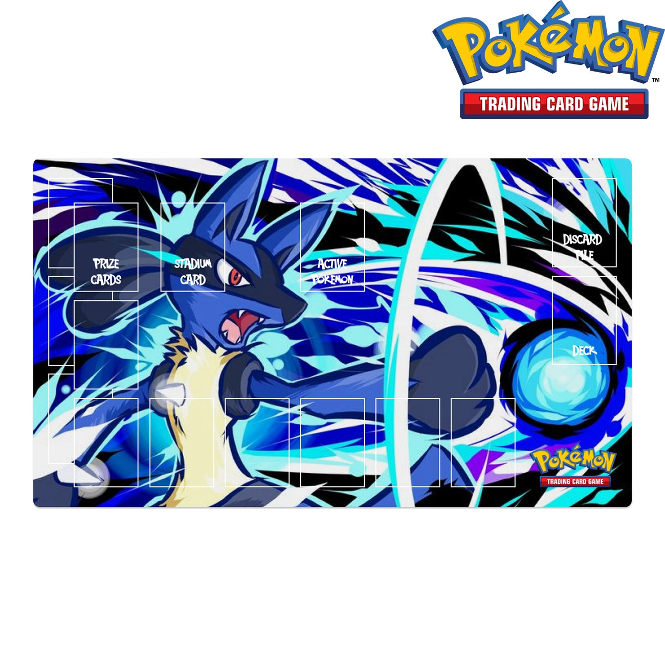 Pokémon trading card game mat with a character design on a white background