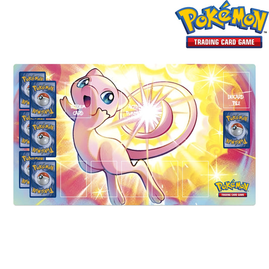 Pokémon trading card game playmat with Mew character and cards on a white background