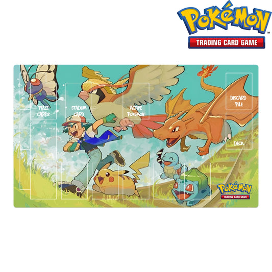 Pokémon trading card game playmat with characters and artwork