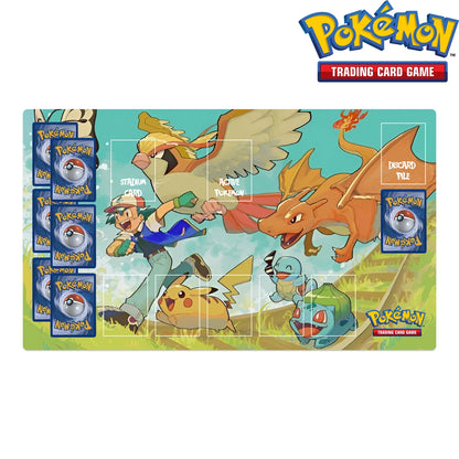 Pokémon trading card game packaging with characters and cards on a white background