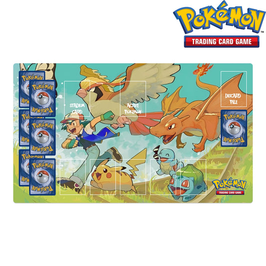 Pokémon trading card game packaging with characters and cards on a white background