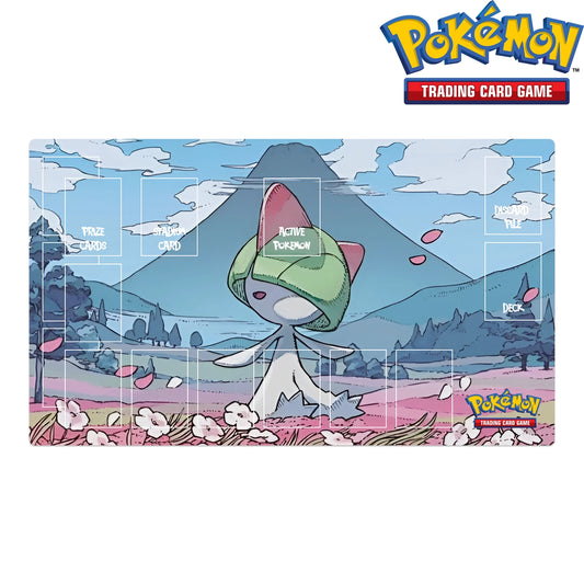 Pokémon trading card game playmat with a character in a green hood and pink ears against a scenic background.