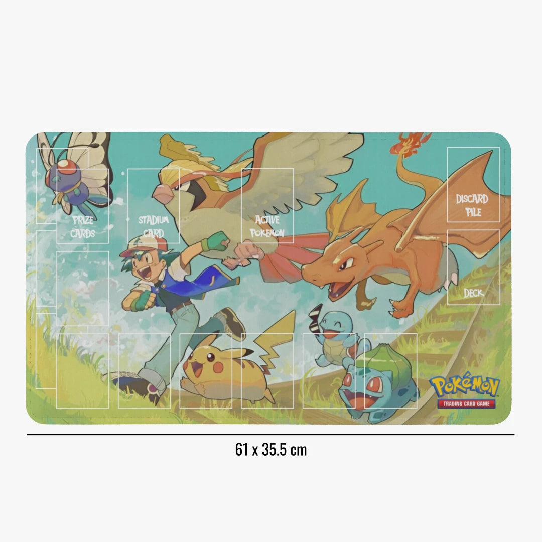 Pokémon trading card game playmat with characters and text