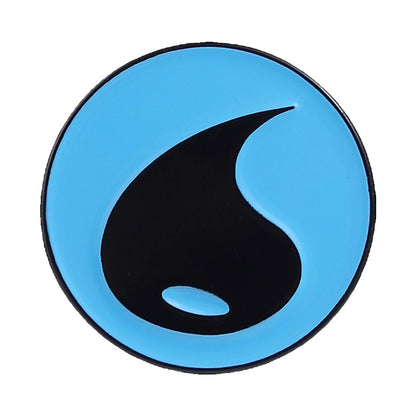 A circular blue and black logo emblem on a plain white background.
