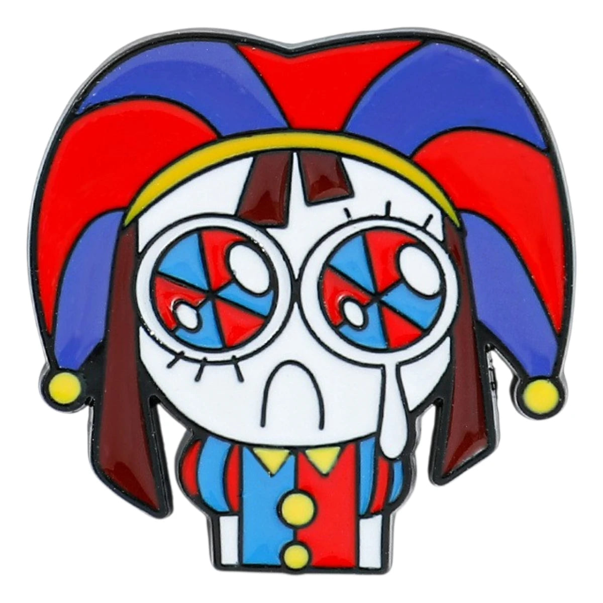A cartoon-style enamel pin of a crying jester with red and blue striped hat, white face, and blue and red striped shirt on a plain white background.