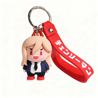 Keychain with a cartoon character and red strap on a white background