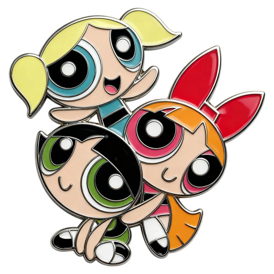 Three cartoon characters with large eyes and colorful hair on a white background