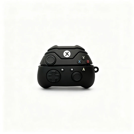 Black gaming controller with case on a white background