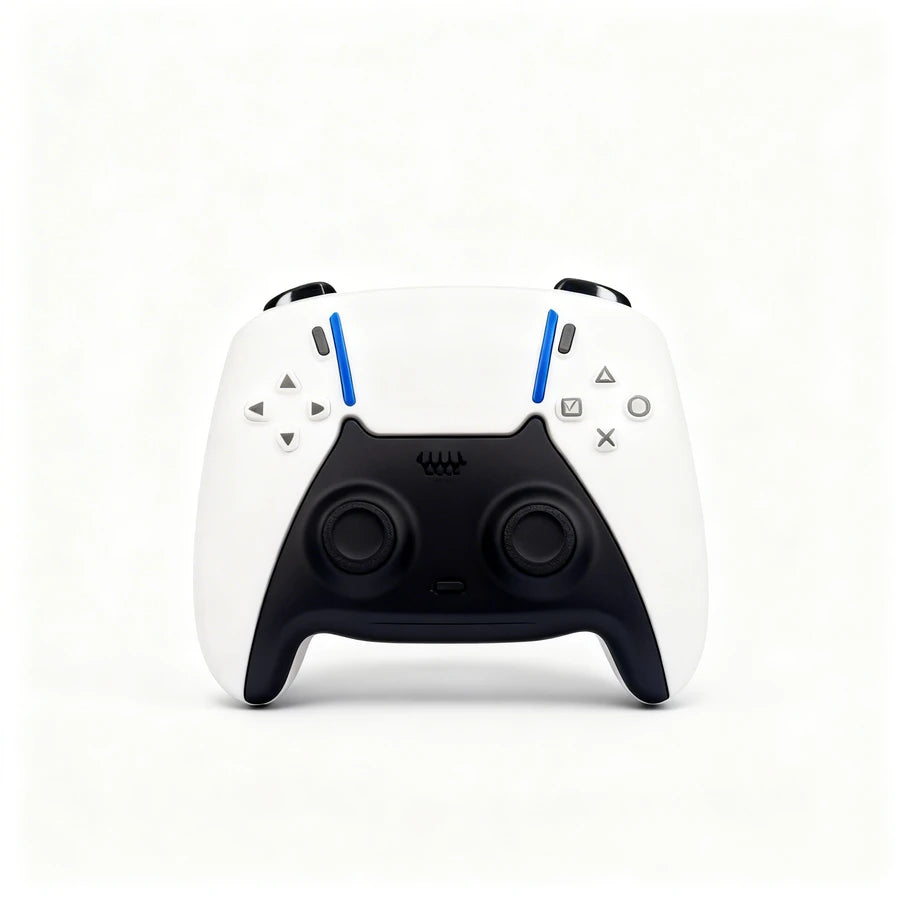 White gaming controller with black accents on a white background