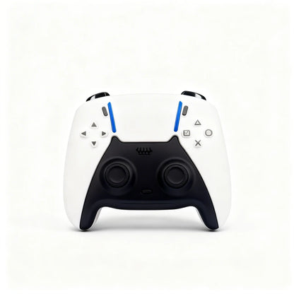 White gaming controller with black accents on a white background