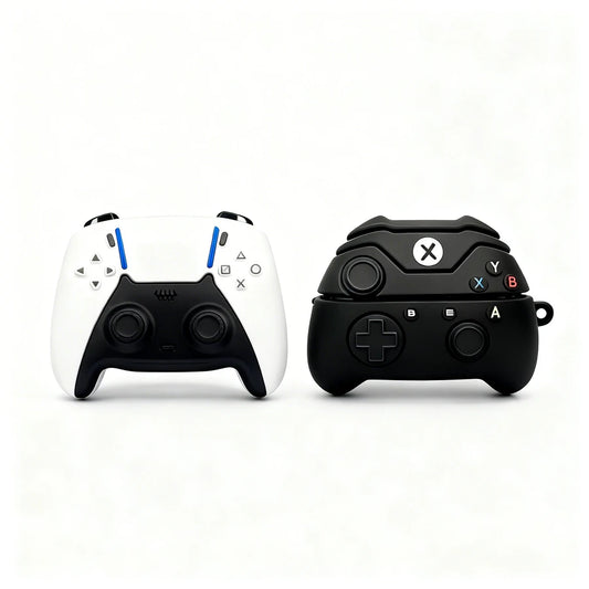 Two gaming controllers, one white and one black, on a white background