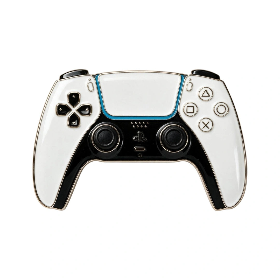 A PlayStation 5 controller with a custom white and black wrap design, featuring a bright blue accent line across the touchpad and black analog sticks and buttons.