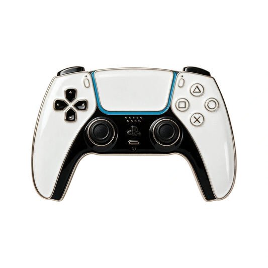 A PlayStation 5 controller with a custom white and black wrap design, featuring a bright blue accent line across the touchpad and black analog sticks and buttons.
