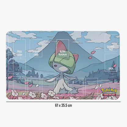Pokémon trading card game playmat with character design on a scenic background