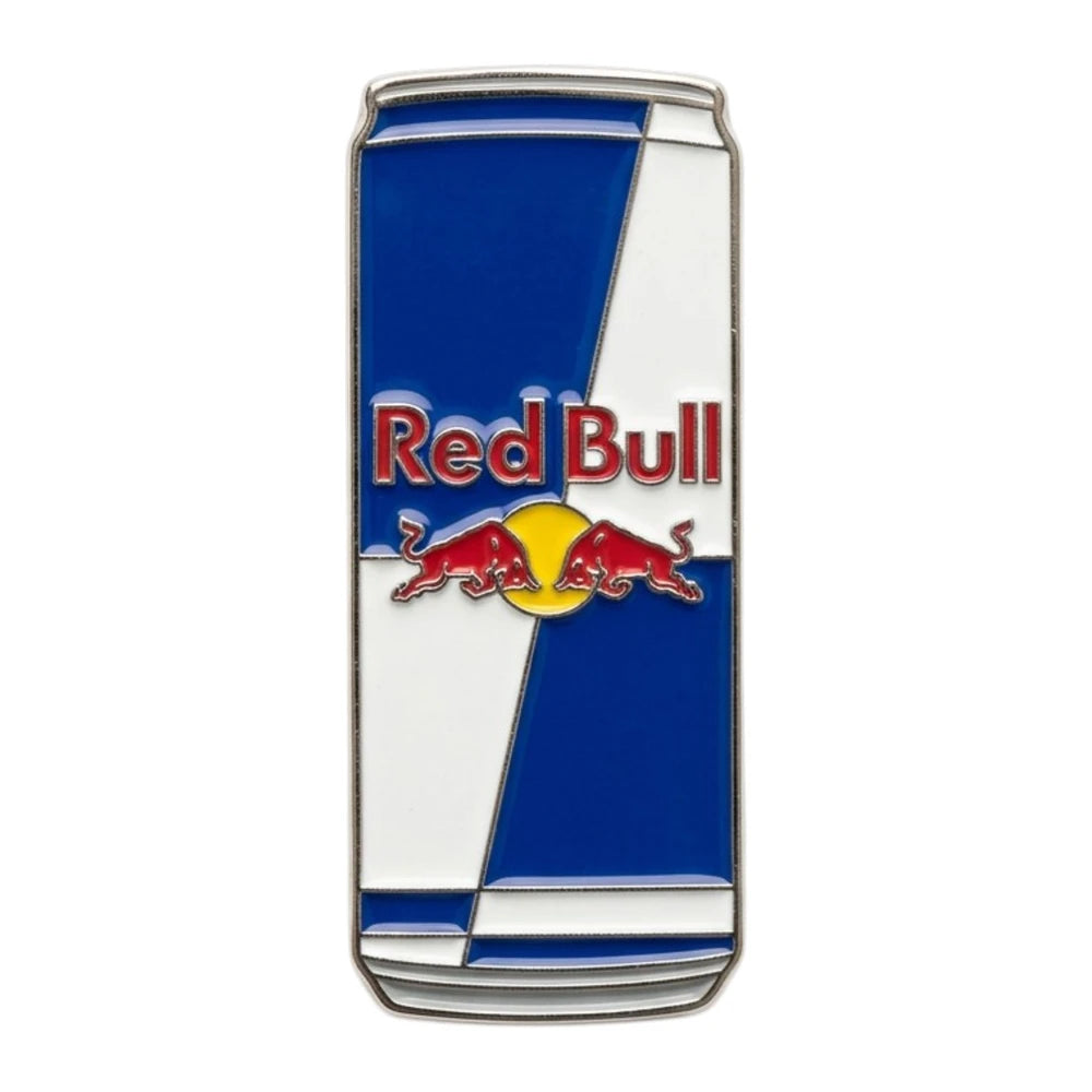 Red Bull can-shaped metal badge on a white background