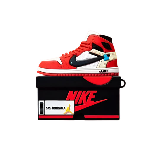 Red sneaker on a black Nike shoe box with 'Air Jordan 1' branding on a red background case for airpods 4