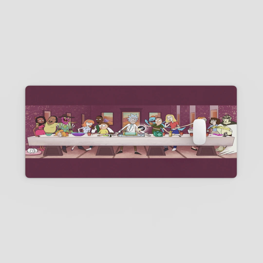 Mouse pad with cartoon depiction of a family around a dinner table on a white background