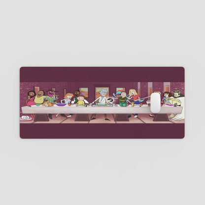 Mouse pad with cartoon depiction of a family around a dinner table on a white background