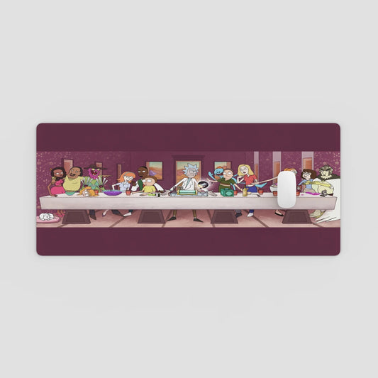 Mouse pad with cartoon depiction of a family around a dinner table on a white background