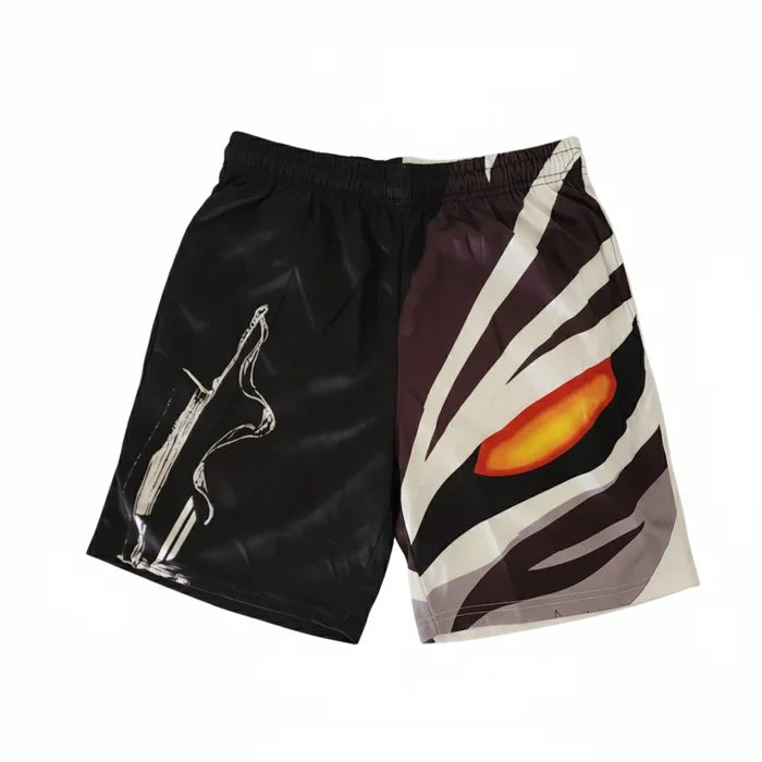 Black shorts with a stylized design on a white background
