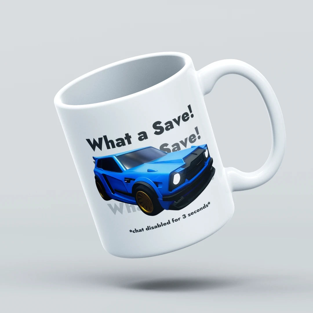 White mug with a blue car graphic and text on a light gray background