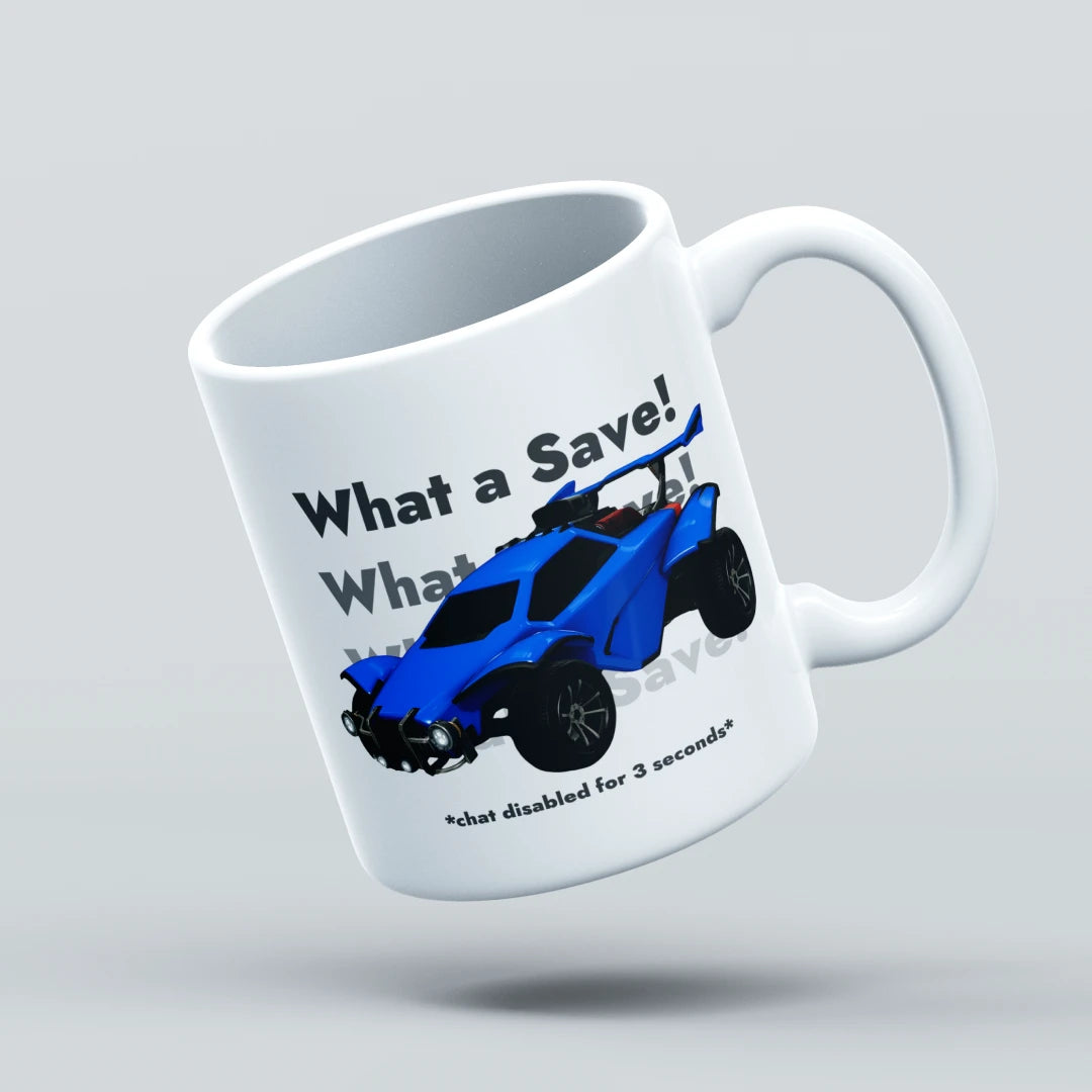 White mug with a blue car graphic and text on a light gray background