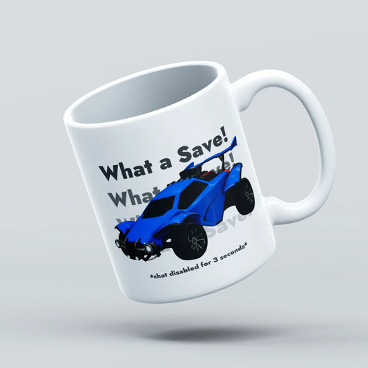 White mug with a blue car graphic and text on a light gray background
