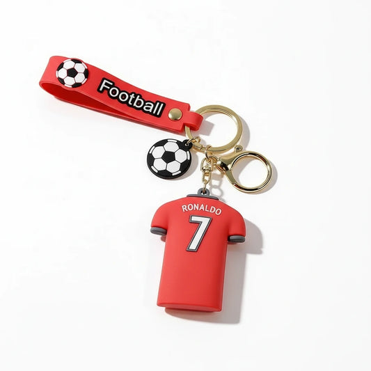 Keychain with red soccer jersey, black and white soccer ball, and 'Football' tag on a white background