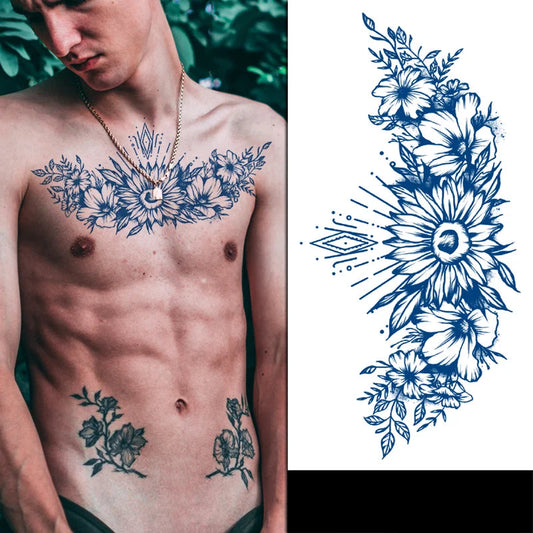 Man with floral tattoos on his chest and abdomen