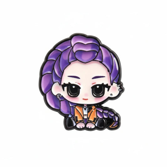 Cartoon character with purple hair and orange outfit on a white background