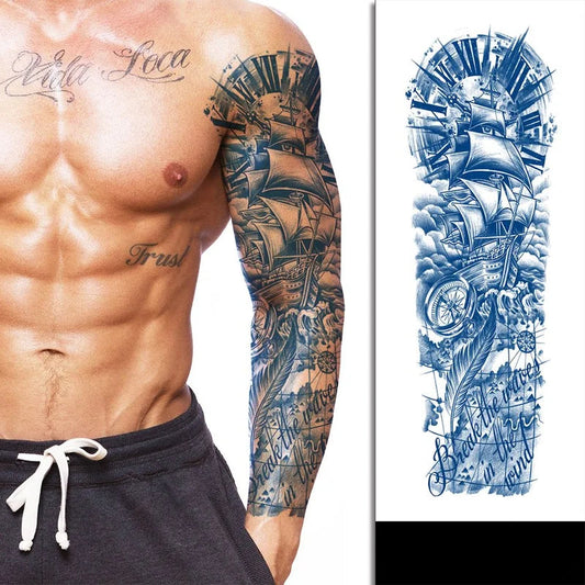 Sailing Ship Large Arm Sleeve Jagua Tattoo on Muscular Model